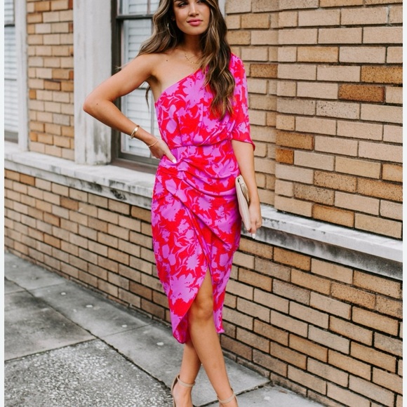 NWT Do+Be hot pink floral one shoulder midi dress - Picture 2 of 11